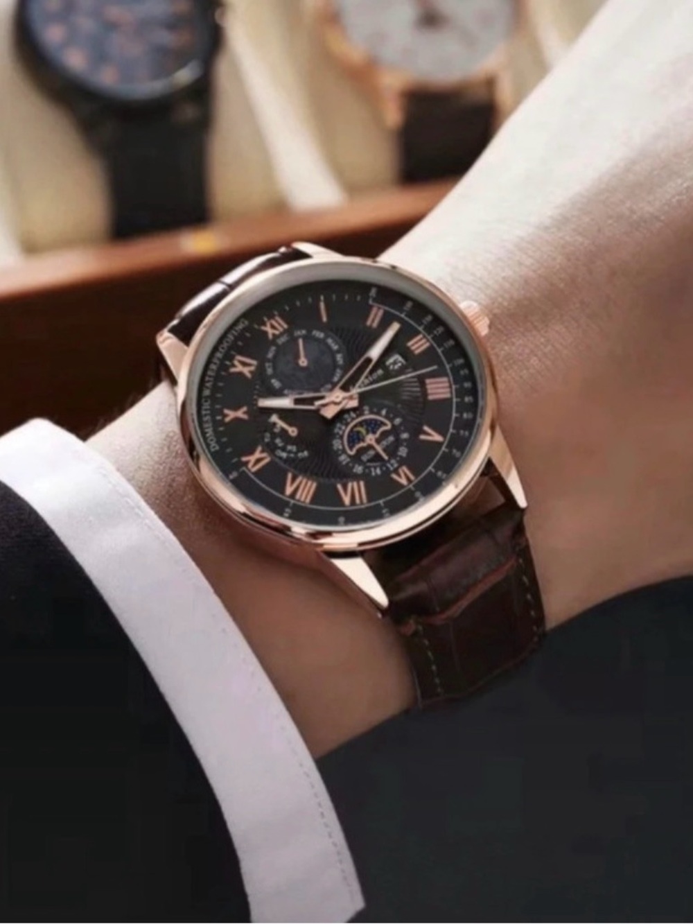 Men's Rose Gold Case Watch with Black Dial and Brown Leather Strap